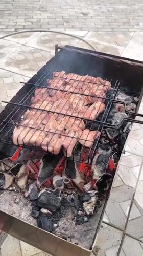 Outdoor barbecue gathering with wine and grilled meat documented