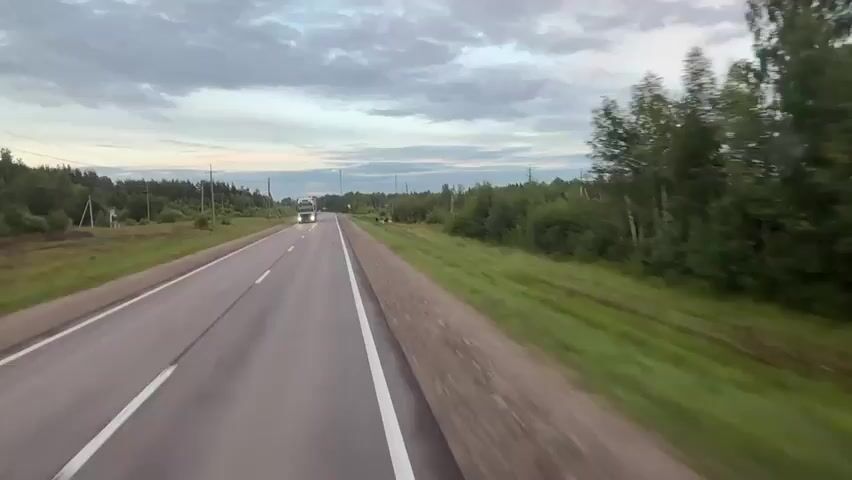 A white semi-trailer truck drives on an asphalt road. The truck passes by a rural scene with trees and power lines. Several people are in a grassy area next to the road, appearing to interact with a large white tarp and possibly debris. One person is bent over the tarp, and another is standing near it. A third person is further away in a camouflage outfit, kneeling. The sky is overcast with clouds.