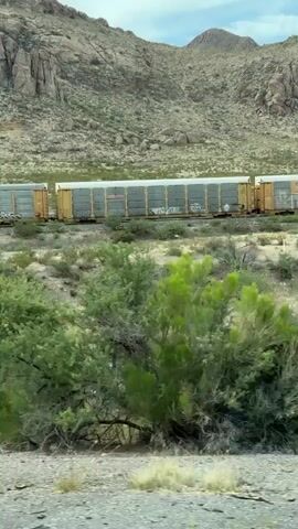 The video shows a train moving through a desert landscape with rocky hills in the background. The train consists of several boxcars, some of which are covered in graffiti. The environment is dry and arid, with sparse vegetation such as shrubs and bushes. The sky is overcast. The perspective suggests the video was filmed from a moving vehicle alongside the train tracks.