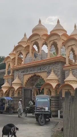 The video shows the entrance to a religious building with ornate, light-colored domes and arches. The entrance is decorated with stone and intricate carvings. Several people are visible near the entrance, including a person dressed in white and a man pushing a cart. A three-wheeled vehicle, possibly a rickshaw, is parked in front of the entrance. A goat is also present in the foreground. The sky is overcast, and the overall environment appears to be a street or pathway leading to the building.