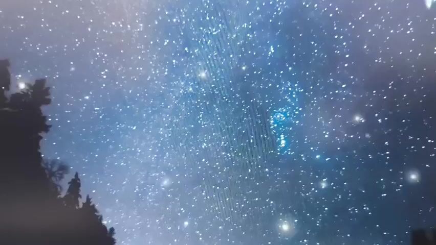 The video shows a time-lapse view of a starry night sky with silhouetted trees in the lower left corner. The stars are numerous and bright, and some appear to be moving slowly, suggesting a long exposure or tracking. The sky is a deep blue, with some areas of lighter blue or white where the stars are more concentrated or where nebulae might be present. There is a faint glow in the sky, possibly from moonlight or light pollution, but the stars are still the dominant feature. The trees are dark and indistinct, providing a contrast to the bright sky. The overall impression is one of peace and vastness.