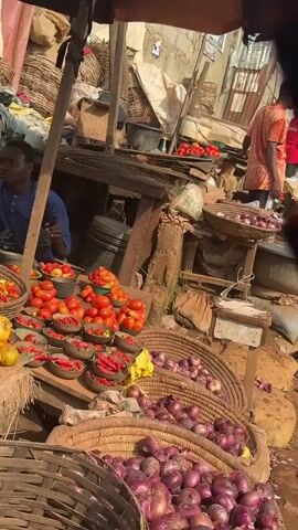 The video shows a bustling outdoor market scene. The foreground is dominated by woven baskets filled with red onions and yellow fruits, likely mangoes, on a wooden table. To the left, more red onions and tomatoes are displayed in woven bowls and baskets. Behind these, a person in a blue shirt is visible. Further back, several market stalls are set up with awnings and wooden structures. Various vendors and customers are present, with people engaged in transactions and moving through the market. One stall features a sign that reads "TRANSFER." The ground is uneven and appears to be dirt or mud, with some scattered debris. A dog is seen walking through the market in the middle ground. The overall atmosphere suggests a lively and active marketplace.