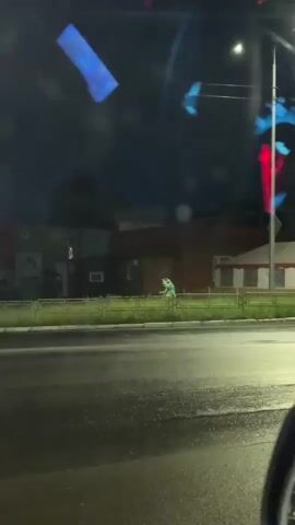 A person in a green dinosaur costume stands on a grassy median between a road and buildings at night. The dinosaur costume is light green with darker green spots. The person is looking to the left and appears to be stationary for a moment before slightly turning its head. The background consists of a dark night sky, trees, and buildings with some lights visible. There are streetlights and reflections on the wet road.