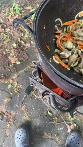 The video shows food being cooked in a large black cauldron over an open fire. The cauldron, set on a metal stand with decorative scrollwork, contains meat, sliced carrots, and onions being stirred with a slotted metal spoon. The fire is visible through an opening in the base of the stand. The location appears to be outdoors, with a ground covered in leaves and scattered greenery. In the background, another fire burns in a portable grill. Part of a person's feet, clad in gray clogs, can be seen at the bottom of the frame. The camera shifts perspectives and follows the cooking action closely.