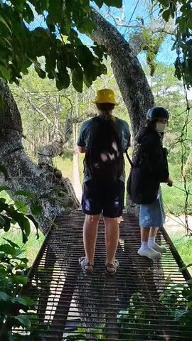 Two individuals stand on a dark metal gridded platform in a wooded outdoor setting on a sunny day. The person in the foreground wears a yellow bucket hat, a grey t-shirt, dark blue shorts, a black backpack, and light-colored sandals, turning their head to look forward. A second person is partially visible on the right, wearing a dark jacket, light-colored lower garments, and white sneakers, also facing away from the camera. Both are looking towards a wooden suspension bridge visible in the distance, spanning a gap between trees.