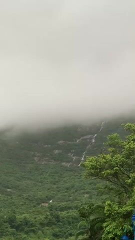 The video shows a misty mountain landscape. Lush green trees and foliage cover the slopes of the mountain, which is partially obscured by thick white clouds or fog. A waterfall cascades down the mountainside, appearing as thin white lines against the green. The overall scene is serene and natural, with a muted color palette due to the overcast weather.