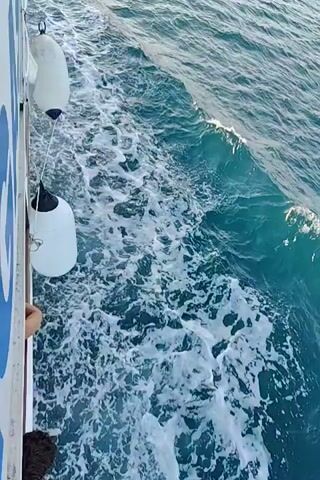 A boat is moving through the water, creating a wake. The camera is positioned to look down and out from the side of the boat, showing the churning water and the boat's white hull with blue lettering. Two white fenders hang from the side of the boat. In the distance, a coastline with hills and some buildings is visible. The water is a deep blue with white foam from the wake.