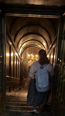 A person wearing a pink shirt and a blue backpack walks down a marble staircase. The staircase is enclosed by dark wood paneling and an arched copper ceiling, with ornate gold chandeliers hanging from the ceiling. Another person with a white shirt and dark hair walks ahead, also descending the stairs. A red leash trails from the first person's hand. The video is shot from behind the first person, looking down the staircase.