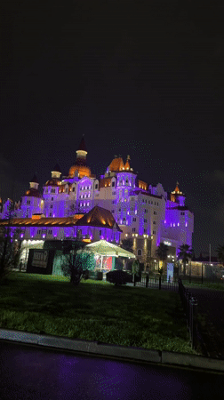 Colorful nighttime building illumination captured in Sirius, Russia
