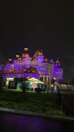 Colorful nighttime building illumination captured in Sirius, Russia