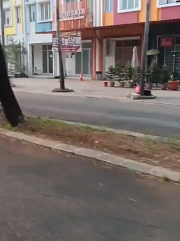 The video shows a street with colorful buildings and palm trees. There are several traffic cones on the road. The buildings appear to be shops or businesses, with large windows and doors. Some of the windows are open, and some are closed. The street is paved, and there is a sidewalk on the left side of the road. The weather appears to be overcast. There are no people visible in the video.