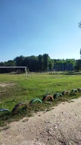 The video pans across a grassy field with a soccer goal visible in the distance. The foreground is lined with halved tires painted in various colors, including orange, green, and black. Beyond the field, trees and buildings can be seen under a clear blue sky. The camera movement is smooth, suggesting it is being held by someone walking or riding.