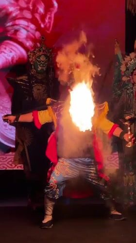 Traditional Chinese Opera Performance Features Fire Breathing in Yuzhong District