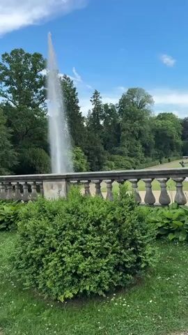 A tall, thin plume of water erupts from a fountain, shooting upwards against a blue sky with scattered white clouds. The fountain is situated behind a white stone balustrade with rounded pillars. In the foreground, a neatly trimmed green bush sits on a lush green lawn. Behind the fountain and balustrade, a dense forest of tall, mature trees forms a verdant backdrop. The scene captures a tranquil park-like setting on a bright day.