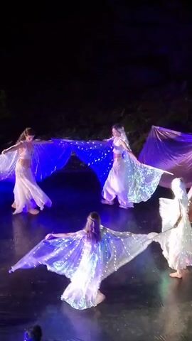A group of five women are performing a dance on a dark stage at night. They are all wearing flowing, ornate costumes that appear to be designed to resemble wings. The costumes are embellished with lights, creating a luminous effect that is amplified by the darkness of the setting. The dancers are adorned in light-colored garments, predominantly white and pale pink, with accents of shimmering gold and blue. They are holding large, translucent fabric wings that extend from their arms, creating a visually striking effect as they move. The wings are illuminated with tiny, twinkling lights, giving the impression of ethereal beings or mythical creatures.

The stage appears to be outdoors, possibly in a natural setting, as suggested by the dark, unlit background which hints at trees or foliage. The lighting on the performers is predominantly blue and purple, casting a mystical glow on the scene. The dancers are spread out across the stage, some in the foreground and others further back, creating a sense of depth and movement. Their poses are graceful and fluid, suggesting a choreographed performance. The overall atmosphere is enchanting and magical, evoking a sense of wonder and fantasy. The expressions on the dancers' faces are not clearly visible due to the lighting and distance, but their body language conveys elegance and artistry. There is no visible text in the media file.