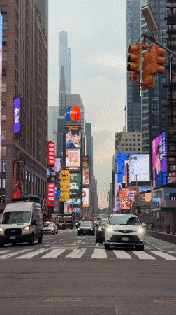 Times Square streets and billboards on a quiet June morning