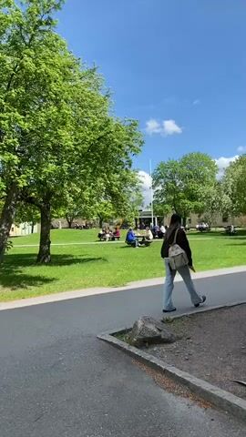 The video shows a sunny outdoor scene with a green lawn dotted with picnic tables where people are seated. A woman with a backpack walks along a paved path beside the lawn. Trees with green leaves frame the scene under a blue sky with a few clouds. A flagpole is visible in the distance.