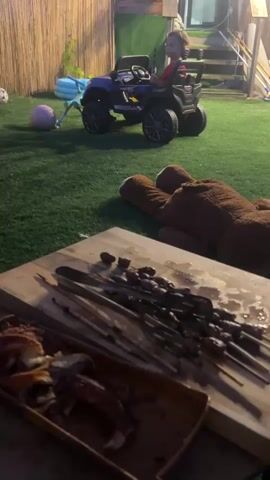 A child is sitting in a toy car. The car is on a green lawn. There are skewers of food on a wooden cutting board in the foreground. There is a large stuffed bear behind the cutting board. The background is a yard with a fence and some plants. The lighting is dim, suggesting it is evening or nighttime.