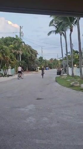 Two cyclists ride through tropical Islamorada neighborhood at night
