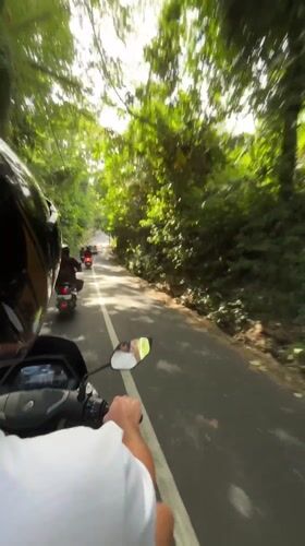 Morning motorcycle commute captured on tree-lined road in Kediri