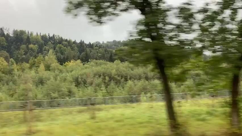 The video shows a motion-blurred view of a rural landscape from a moving vehicle. The scene includes trees, rolling green hills covered in a mix of deciduous and coniferous trees, and a cloudy sky. A white fence runs horizontally across the middle ground. A long, red semi-trailer truck with a white cab is driving on a paved road in the foreground, moving from left to right across the frame. To the right of the truck, a white car is partially visible, parked on a paved surface. The overall impression is that of a scenic drive through a forested, hilly area on an overcast day.