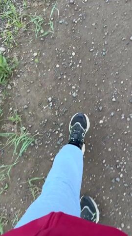 The video starts with a close-up of a gravel path, then pans up to reveal a scenic view of a gravel road winding through a grassy landscape dotted with pine trees. The sky is cloudy with hints of sunlight breaking through. The camera continues to follow the road, revealing more of the forest along the side. There are no people or vehicles visible in the video.