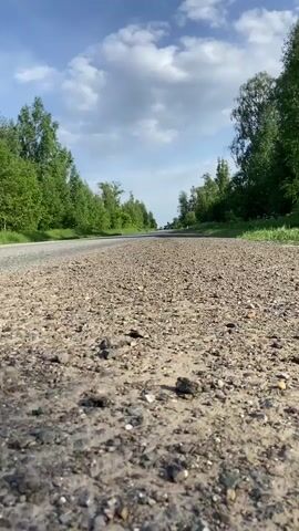 A low-angle shot shows an asphalt road that transitions into a gravel road. The road stretches into the distance between green trees under a blue sky with scattered white clouds. A single vehicle is approaching in the distance on the asphalt portion of the road.