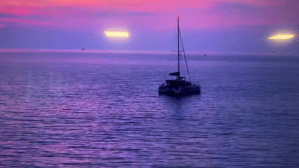 Ocean sunset with boats witnessed from multiple perspectives