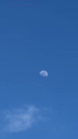 The media file is a vertical video clip of a bright, clear blue sky with a crescent moon visible in the upper center of the frame. The moon is illuminated, showing some surface details like craters. A few wispy white clouds are present in the lower left quadrant of the frame. The scene is tranquil and serene, with the vast expanse of the sky dominating the view. The clear blue suggests it is daytime, likely late morning or early afternoon, given the moon's visibility. The setting is an open sky, suggesting an outdoor location. There are no people or discernible objects on the ground. The overall mood is peaceful and contemplative. There is no visible text in the media file.