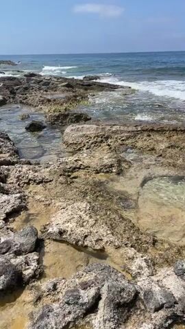 The video shows a close-up view of a rocky coastline. Waves are gently crashing against the rocks. The water is clear and blue, and the sky is bright blue with a few white clouds. The rocks are various shades of brown and grey, and some are covered with seaweed. There are no people or animals visible in the video.