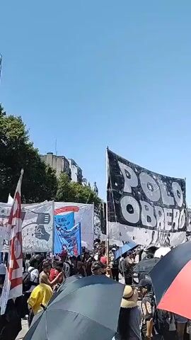 The video shows a large group of people gathered in an outdoor public space, likely a plaza or square. Many are holding signs and flags, with the most prominent banner displaying the words "POLO OBRERO." Some individuals are using umbrellas for shade. The crowd appears to be part of a protest or demonstration. The backdrop includes buildings and a clear blue sky. The camera moves slightly, providing a view of the surrounding area.