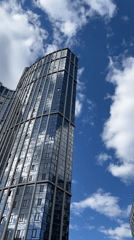Modern Khimki skyline documented from ground-up perspective April 22