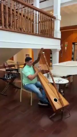 A man sits playing a wooden harp in a large, well-lit room. He is wearing a light green shirt, blue jeans, and sneakers. The harp is tall and has two circular holes on its soundboard. He is positioned near a white piano and a dark wooden staircase with a white banister. The floor is made of dark wood, and there are tables and chairs visible in the background, suggesting a hotel lobby or similar space.