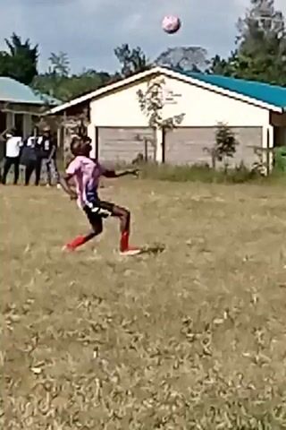 The video shows people playing soccer on a grassy field. There is a building with a blue roof in the background. One player attempts a bicycle kick, kicking the ball backwards over his head.  The kick results in the player on the opposing team also trying to kick the ball backwards, but failing to do so and falling to the ground.  A small crowd of people watch the soccer match.