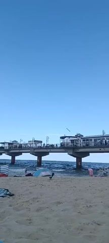The video shows a wide shot of a beach with a pier in the background. The sky is clear and blue. The beach is sandy and there are several beach umbrellas and towels visible on the sand. Some people are sitting on the beach. The pier is concrete and has several structures on it, including what appear to be shops or restaurants. Waves are visible in the ocean. There is a pigeon on the sand in the foreground.