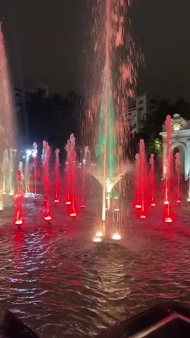 A synchronized water fountain display at night. Jets of water are illuminated with changing colors of red, green, and purple light. The fountain is situated in a body of water with a dark sky and buildings visible in the background.