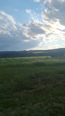 This video captures a scenic, rural landscape in Alkhasty, Russia. The scene opens with a wide shot of a vast, green field dotted with small white flowers, transitioning to a view of rolling hills in the distance. The sky is a prominent feature, filled with dramatic, wispy clouds tinged with the soft light of late afternoon or early evening. Sunlight breaks through in patches, creating dynamic contrasts across the landscape.

A dirt road meanders through the lower portion of the frame, suggesting a path or trail for travel. In the far distance, there are hints of structures, possibly farm buildings or houses, nestled amongst the hills. A few scattered fence posts are visible, further indicating human presence and land use. The overall atmosphere is peaceful and serene, evoking a sense of tranquility and natural beauty. The weather appears fair, with the cloudy sky indicating a dynamic but not stormy day. The time of day is likely late afternoon or early evening, given the quality of the light. There is no visible text in the video.