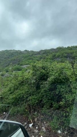 The video captures a view from a moving vehicle, looking out at a mountainous, green landscape under an overcast sky. Lush green trees and bushes thickly cover the hillsides, interspersed with exposed grey rock formations. The terrain in the foreground is gravelly, hinting at an unpaved road. A portion of a car's side mirror is visible in the lower left corner, indicating the perspective is from inside a vehicle. The cloudy weather gives the scene a muted, diffused light. There are no people visible. Upbeat music with vocals in what sounds like a Slavic language plays in the background, with lyrics like "не день на чепанике вот и вся любовь" audible. The overall impression is a drive through a rugged, natural environment.