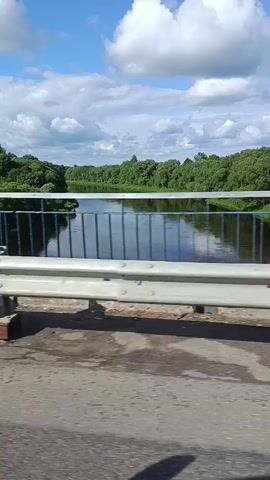 This media file captures a view from a bridge overlooking a serene river on a bright, sunny day. The scene is dominated by lush green trees lining the riverbanks, creating a dense forest that stretches into the distance. The river itself is calm, reflecting the blue sky and white, fluffy clouds above. A metal guardrail, typical of a bridge, is in the foreground, with its blue railing and silver bar adding a man-made element to the natural landscape. The road surface in the immediate foreground appears worn, with patches of asphalt and some debris. Shadows are cast on the road, suggesting the sun is high in the sky, indicating it is likely daytime, possibly midday. The overall mood is peaceful and tranquil, highlighting the beauty of the natural environment. The location is identified as Мікалаёўскі сельскі Савет, Belarus. There is no visible text in the media file.