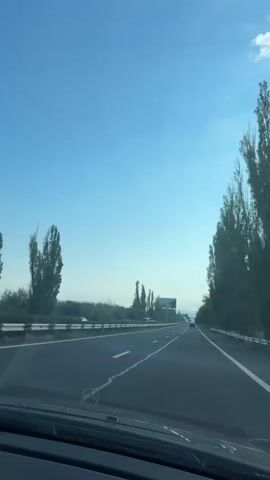 The video begins with a view from inside a vehicle driving on a highway. The sky is blue with some clouds. Tall trees line both sides of the road. There are other vehicles on the highway in the distance, as well as a billboard. The camera then shifts to show the trees reflecting in the windshield and side window of the car. The car continues to drive on the highway.