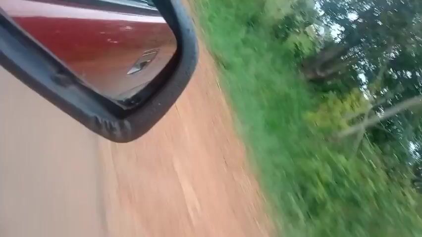 The video shows a first-person perspective from inside a vehicle, looking at the side mirror. The mirror reflects the red exterior of the car and a portion of the road ahead, which appears to be a dirt or gravel path. To the right of the road, there is lush green vegetation with trees in the background. The vehicle is in motion, as indicated by the blurred scenery in the mirror and the overall impression of movement. The sky is overcast, contributing to a muted lighting condition. The perspective suggests the vehicle is traveling on a road with a ditch or embankment of vegetation to its side.