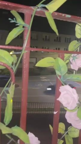 A slightly shaky, close-up, handheld video captures a view through a rusty metal railing. Artificial pink and white flowers with green leaves are attached to the railing, along with small, yellow string lights. Beyond the railing, a dimly lit street is visible at night. Cars are driving on the street, and streetlights illuminate the scene. The overall impression is that of a balcony or window view overlooking a street at night, decorated with faux floral elements.