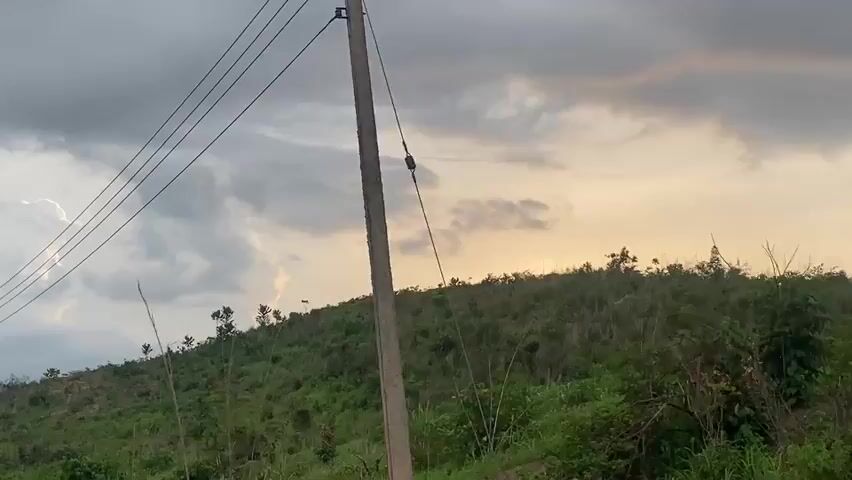 The video depicts a grassy hillside under a cloudy sky, with power lines running across the top of the frame. The sky is a mix of grey and pale yellow, suggesting either sunrise or sunset. The hillside is covered in green vegetation with some scattered trees. There's a utility pole on the right side of the frame, closer to the viewer. The camera appears to be stationary and is positioned at a low angle, looking upwards towards the hill and sky. The audio includes engine noise, possibly from a vehicle.