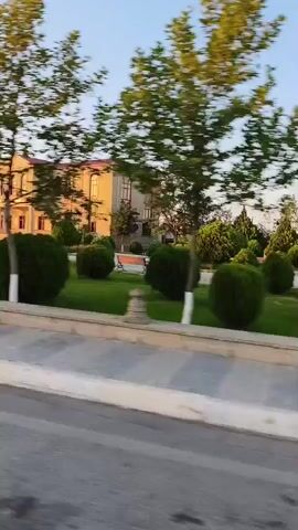 The video shows a landscape with a building, trees, and a statue. The building is light-colored with multiple windows and appears to be a public building, possibly a museum or cultural center, given the text on the facade. A statue of a person stands in front of the building. There are several trees, some of which are tall and leafy, while others are trimmed bushes. The ground is covered with grass and pavement. The sky is clear and blue. The camera is moving, suggesting the video was taken from a vehicle. The overall impression is one of a well-maintained public space bathed in natural light, possibly during the late afternoon or early morning given the quality of the light.