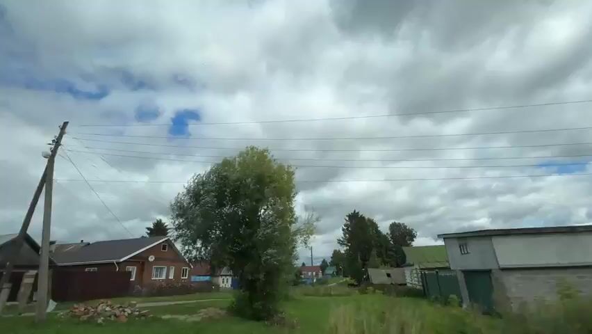 The video shows a view from a moving vehicle in a rural area with a cloudy sky. On the left side of the road, there are houses with pitched roofs, one of which appears to be made of brick and wood with a garage. A wooden utility pole with wires runs along the side of the road. A large, leafy green tree is prominent in the foreground. Further down the road, there are more houses and trees. On the right side of the road, there are gardens with greenhouses and cultivated plants. The overall impression is of a quiet, ordinary day in a village.