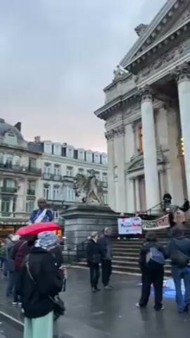 The video shows a daytime shot of a building with large white pillars, wide steps, and banners hanging between the columns. The banners advertise a beer museum, a rooftop bar, and Belgian beers. Several people are gathered on the steps and in the plaza in front of the building. Some people are walking up and down the stairs, while others stand in groups, talking or observing. A person wearing a blue raincoat and a person in a Santa hat are on the stairs. There is a banner that reads "Passage Libre." The weather appears overcast, and the ground seems damp. The overall atmosphere is calm and unremarkable.