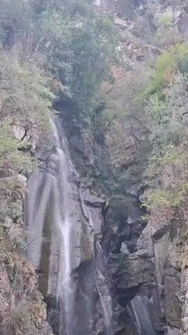 The video shows a tall, thin waterfall cascading down a rocky cliff face. The water is white and frothy as it falls. The rocks are dark gray and rough, with some moss and vegetation growing on them. The waterfall is surrounded by trees, which are mostly bare, suggesting it is autumn or winter. The scene is dimly lit, and the overall atmosphere is one of natural beauty and ruggedness.