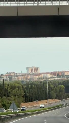 A vertical video shows a highway with cars driving on it, a dense line of trees to the left of the highway, and a city skyline in the distance. The sky is overcast and light. The highway curves to the right and a white sign with blue text indicating directions to several towns is visible on the right side of the highway. The video is filmed from a moving vehicle.