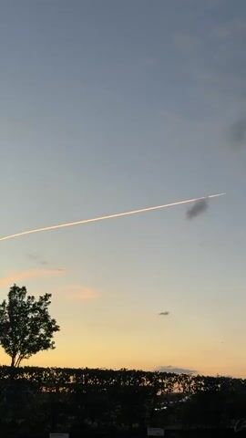 A time-lapse video shows a contrail from an airplane moving across a twilight sky. The sky is a gradient of blue and yellow, with faint clouds. A silhouetted tree and hedgerow are visible at the bottom of the frame.