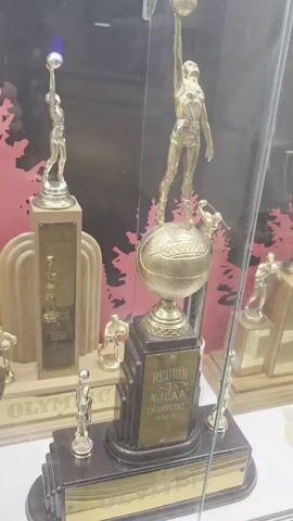 The video pans across a display case filled with basketball trophies. The trophies are gold and silver, and some are adorned with basketball players and nets. The backdrop of the display is a pink silhouette of pine trees. In the foreground, a dark wooden base holds a large gold trophy with a female basketball player at the top, standing on a basketball. This trophy is labeled "REGION 3 NJCAA CHAMPIONS 1990-91". To the left of this trophy is a tall silver trophy with a basketball player on top, labeled "OLYMPIC COLLEGE NWACC TOURNEY QUALIFIER". Further to the left is a large gold trophy with a basketball net draped over it, and a small gold basketball player on top. To the right, other trophies are visible, though less distinctly. The lighting in the display case is somewhat dim, with some reflections visible on the glass.